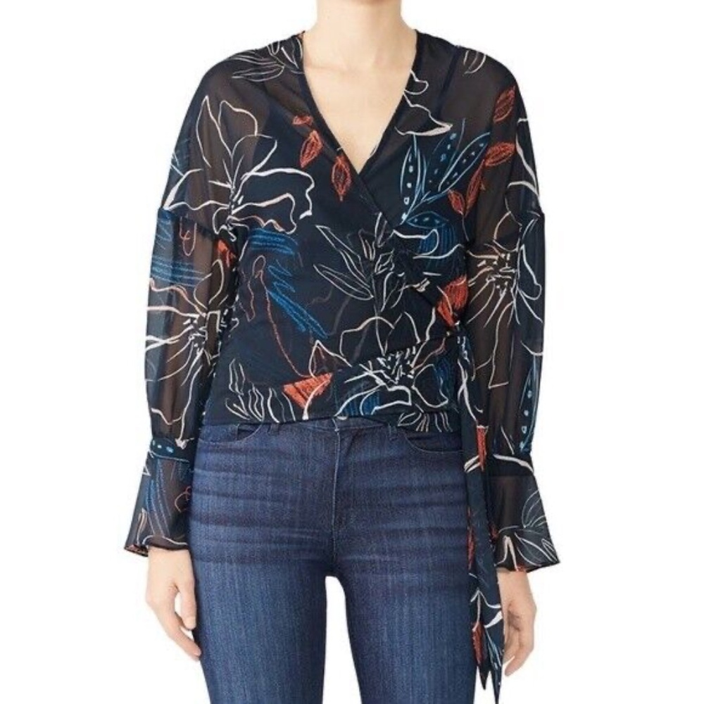 Stylestalker Floral Print Sheer Chiffon Bell Sleeve Wrap Blouse Navy Size Small